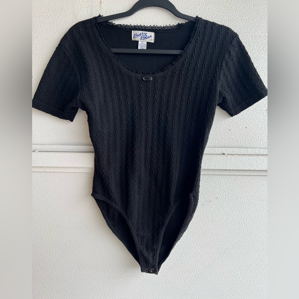 Vintage Betty Blue Black Cotton Stretch Textured Bodysuit Snap Crotch Large